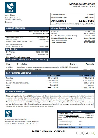 Relevé hypothécaire de la banque Equateur BID scr